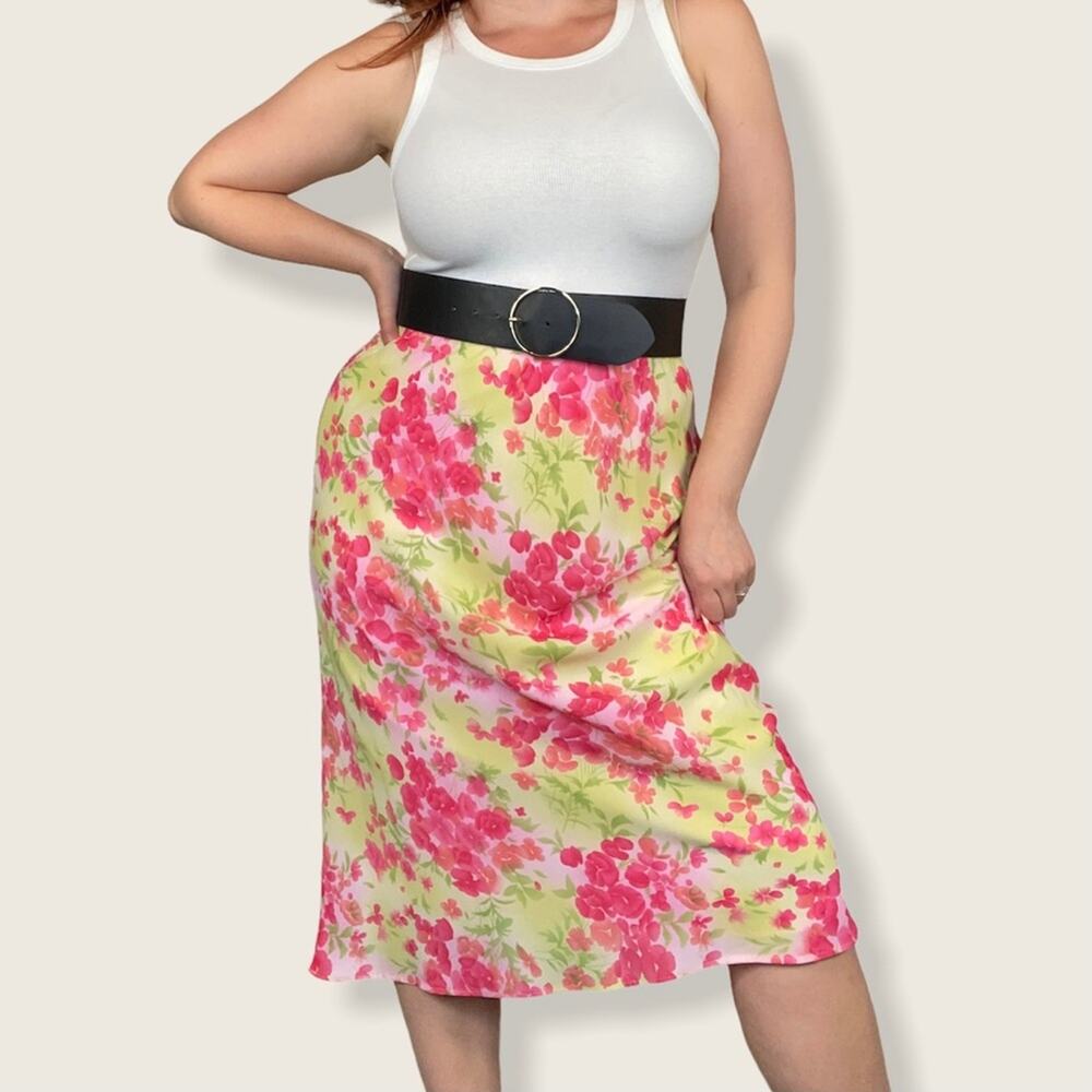 Vintage SL Fashions Petites Size 12 Pastel Pink/Yellow Floral Print Midi Skirt - Picture 7 of 11